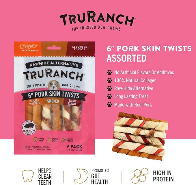 TRURANCH 6" Pork Skin Twists - Collagen Chews for Dogs - Assorted Flavors - Made with Real Pork Skin - Rawhide Alternative - Limited Ingredient - Easy to Digest Treat, 1 Bag, 9 Count