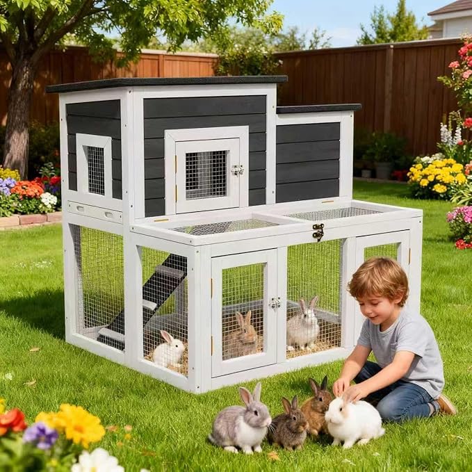 Outdoor Rabbit Hutch for 2-4 Chickens Wooden with Waterproof Asphalt Roof, Ramp, Openable Top Pull-Out Tray Suitable for Suitable for Indoor and Outdoor Use. (White Black)
