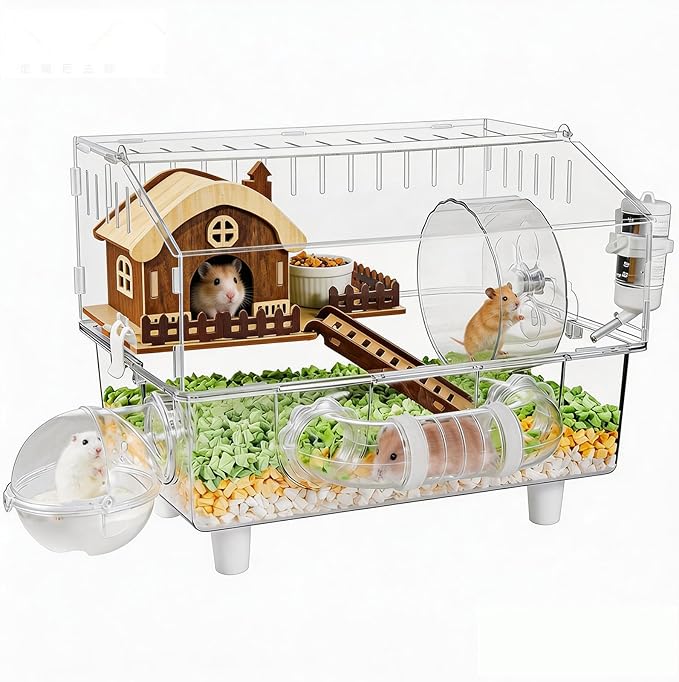Acrylic Hamster Cage,8 in 1 Clear Transparent Habitat with All Accessories, Multi-Level Small Animal Enclosure with 2-Layer Platform、Hideout、Exercise Wheel、Bath、Bowl and Wheel、Bottle（17 * 13.4 * 11“）