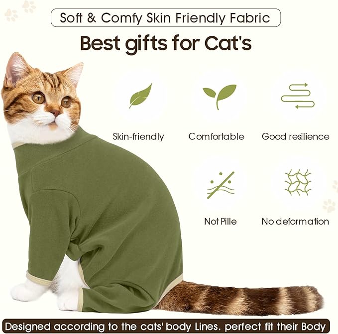 DENTRUN Cat Clothes for Hair Control with Hair Sticky Fabric - Soft Recovery Suit & Breathable Lint-Resistant Cat Sweater for Cats Only, Kitten Onesie Pajamas, XL, Army Green