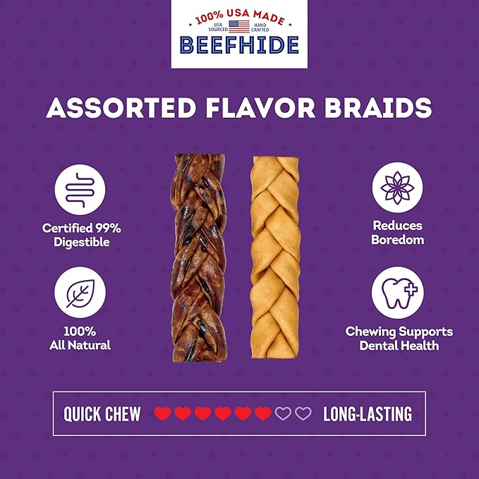 USA Beefhide Braids 7-8" Dog Chew Treats - Chicken & Beef Flavor, 7 Count/1 Pack