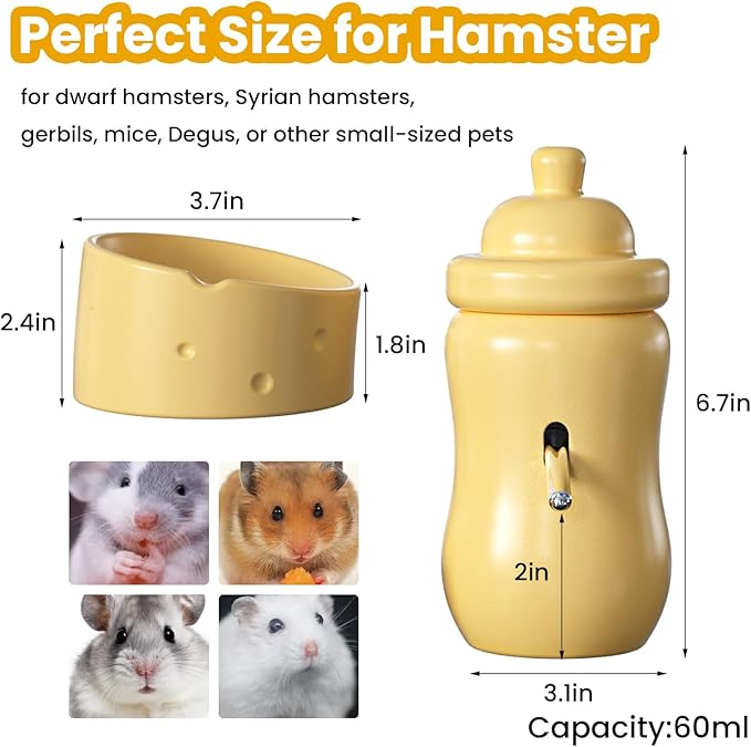 Ceramic Hamster Water Bottle with Stand and Food Bowl Set, Anti Flipping Food Dish and Water Dispenser for Dwarf Hamster Gerbils Syrian Hamster Mice Rats Accessories for Cages (Green)