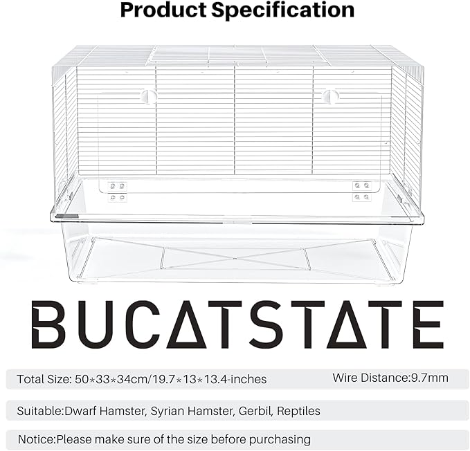 BUCATSTATE Hamster Cage with Acrylic Door Small Animal Cage and Habitats with Accessories for Dwarf Syrian Hamsters Degus Mices 19.7" L*13" W* 13.4" H