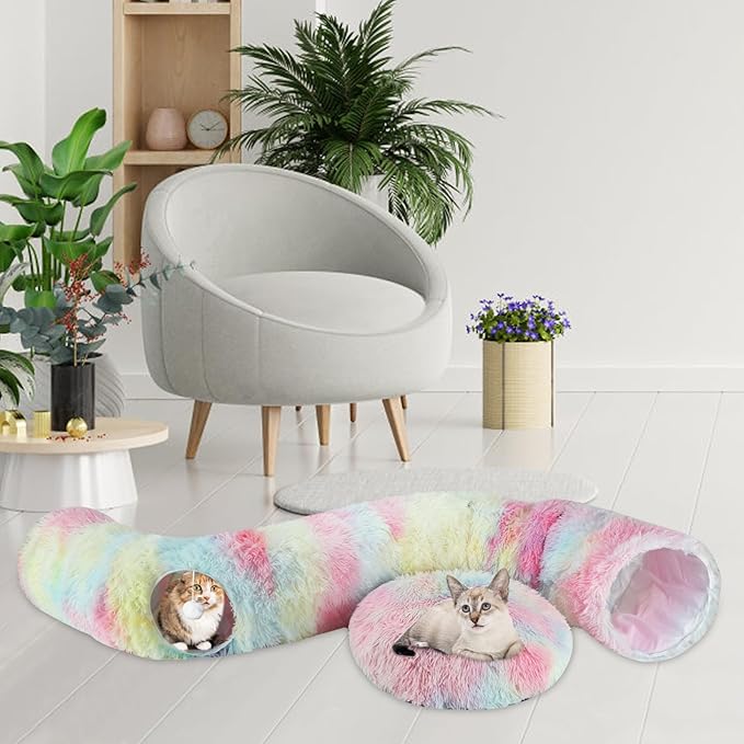 Christmas Tree Cat Tunnel for Indoor Cats, Collapsible Cat Donut Tunnel with Central Mat, Fluffy Cats Cave Tube with Hanging Ball for Kitten Rabbit Puppy Ferret (Color)