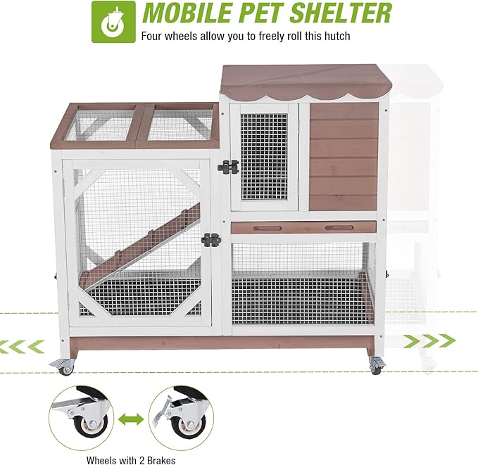 GUTINNEEN Rabbit Hutch Mobile Bunny Cage with Wheels, Chewproof Ramp, Leak Proof Trays – Ideal Cage for Rabbits, Guinea Pigs, and Chickens, Indoor/Outdoor Use,39.4" L x 22" W x 37" H, Brown