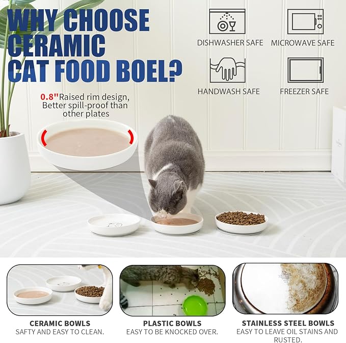 Lusifaco Shallow Cat Food Bowls, 5.9 Inch Wide Ceramic Cat Dish for Indoor Cat,Anti Whisker Fatigue Cat Dishes Set, Kitten Plates for Food and Water,Non-Slip Silicone Mat,3 Pack(Pink)