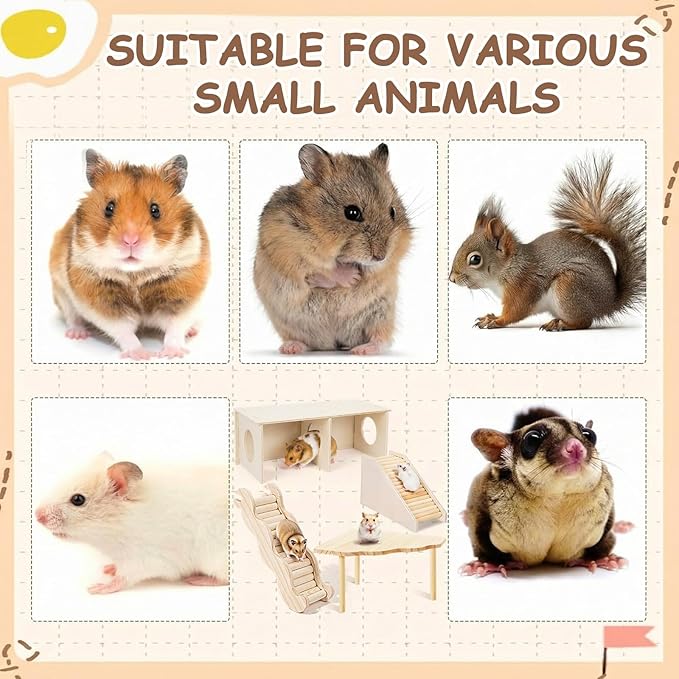 BreezeHug 4 Pcs Hamster Platform Hideout Wooden Tunnel Ladder Playhouse Hamster Game Climbing Toy with Platform Cage Accessories for Small Pets Dwarf Syrian Mice Degus Gerbils Squirrel(Peek)