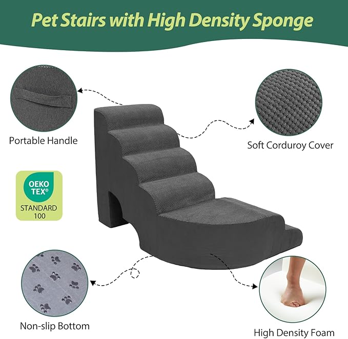 Dog Stairs for High Bed 28-32 Inches Tall, 6 Tier Non-Slip Pet Stairs Adjust to Left Side of Bed, Dog Steps for Small Dogs, Old Pets, and Injured Dogs, Dark Gray