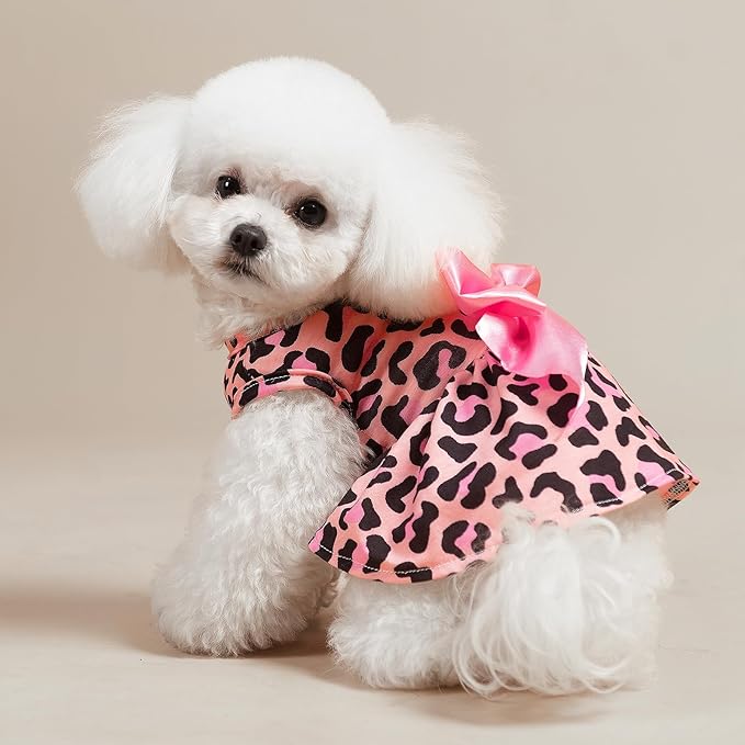 PUPTECK Print Dog Dress Pet Apparel with Cute Bowtie Puppy Clothes Outfit, Leopard Print, M