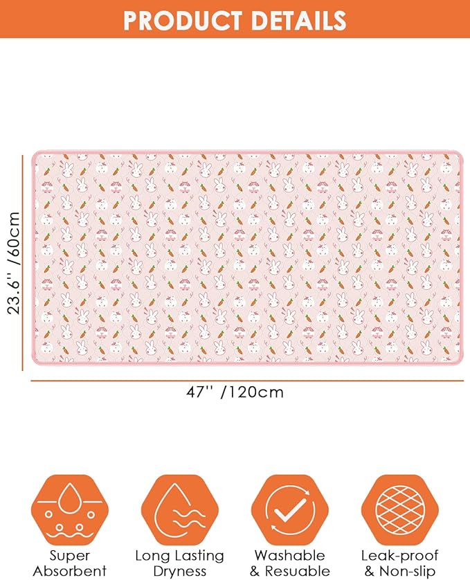 Bissap 2 Packs Guinea Pig Cage Liners, 47''X24'' Washable Guinea Pig Pee Pads Non Slip Reusable Fast and Super Absorbent Bedding for Small Animals Rabbit Hamster Chinchillas Rat - Pink