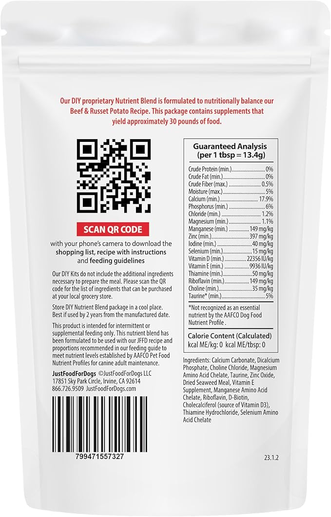 Just Food for Dogs Nutrient Blend, Vitamins and Supplements for Homemade Dog Food, Beef and Russet Potato, DIY Fresh Pet Meals and Toppers, Human Grade, Dog Vitamins & Multivitamin Additive, 4.55oz