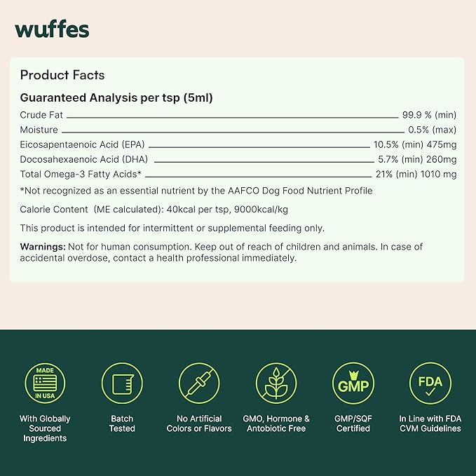 Wuffes Advanced Omega 3 Fish Oil for Dogs, Natural EPA & DHA Fatty Acids, Supports Healthy Skin and Coat, Joint Nutrition, Digestion & Immune System - 100% Pure Wild Alaskan Fish Oil - 8 Oz