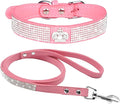 Cute Dazzling Sparkling Elegant Fancy Soft Suede Leather Bling Rhinestone Crystal Jeweled Pet Cat Dog Puppy Collar Dog Leash Combo Set (S(Neck 10-12.5"), Pink-4)