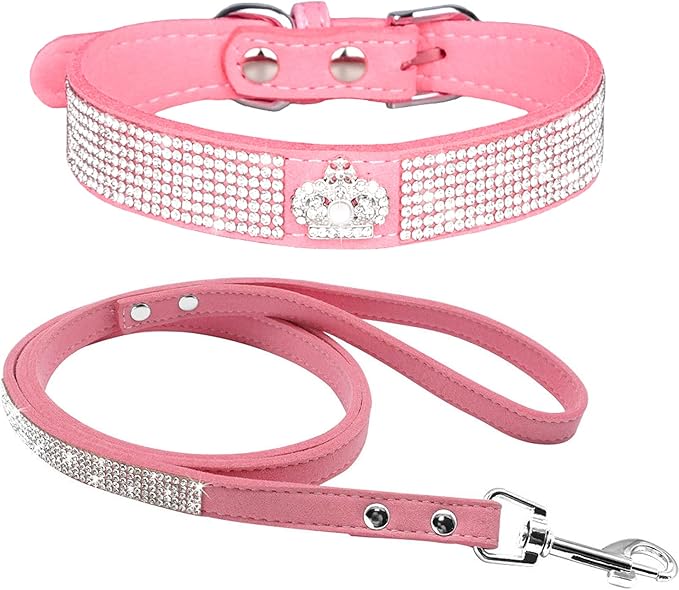 Cute Dazzling Sparkling Elegant Fancy Soft Suede Leather Bling Rhinestone Crystal Jeweled Pet Cat Dog Puppy Collar Dog Leash Combo Set (S(Neck 10-12.5"), Pink-4)