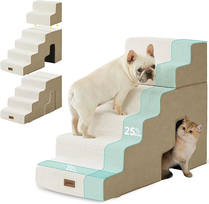 ZOMISIA Dog Steps for High Beds - 6 Step 29" H Pet Stairs with Tunnel 2 in 1 with Zippers Suitable for Small Dogs and Cats, Indoor Cat Ladders with Non-Slip Bottom, Beige