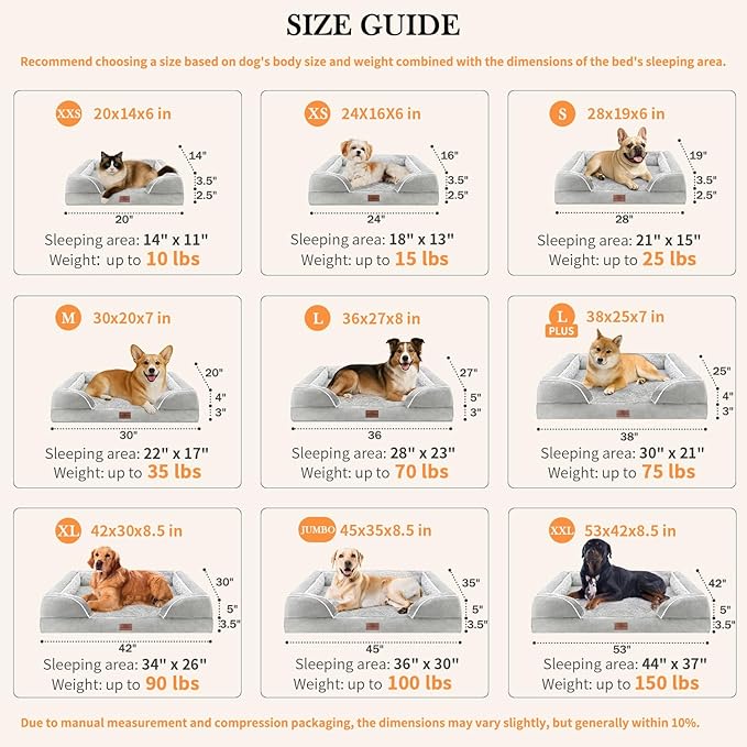 Comfort Expression Orthopedic Dog Bed for Extra Large Dogs 42x30 Inch, Waterproof Egg Crate Foam XL Pet Bed with Removable Bolsters, Dog Couch with Washable Cover & Non-Slip Bottom, Grey White