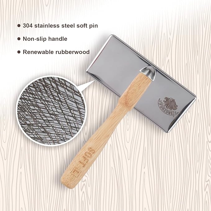 Furzone Wooden Slicker Brush for Dogs (Size L) - Stainless Steel Soft Pin Grooming Brush for Dogs