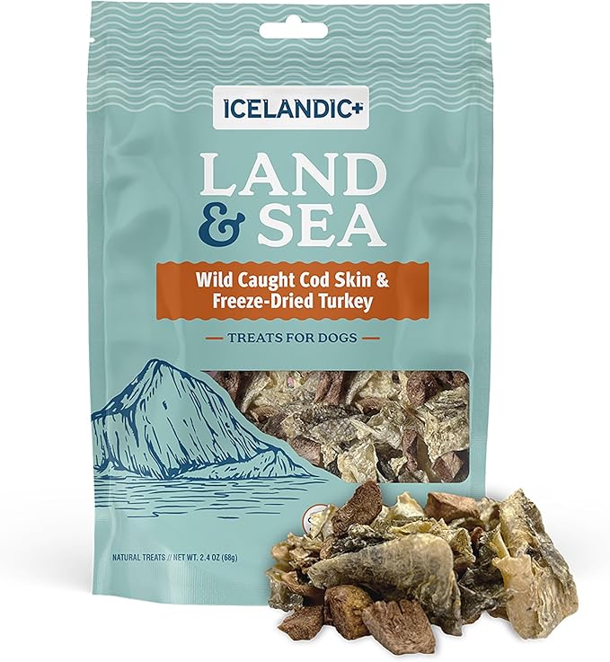 Icelandic+ Land & Sea Wild Caught Cod Skin & Freeze-Dried Turkey - 2.4oz Bag, Dog Treat & Food Topper, 2 Ingredients, No Preservatives, All Natural (Pack of 2)