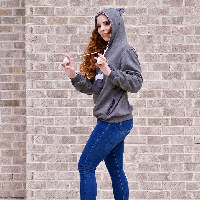 ALYC Unisex Hoodies Pet Holder Cat Dog Large Pouch Carriers Pullover with Cat Printing Sweatshirt (Dark Grey- M)