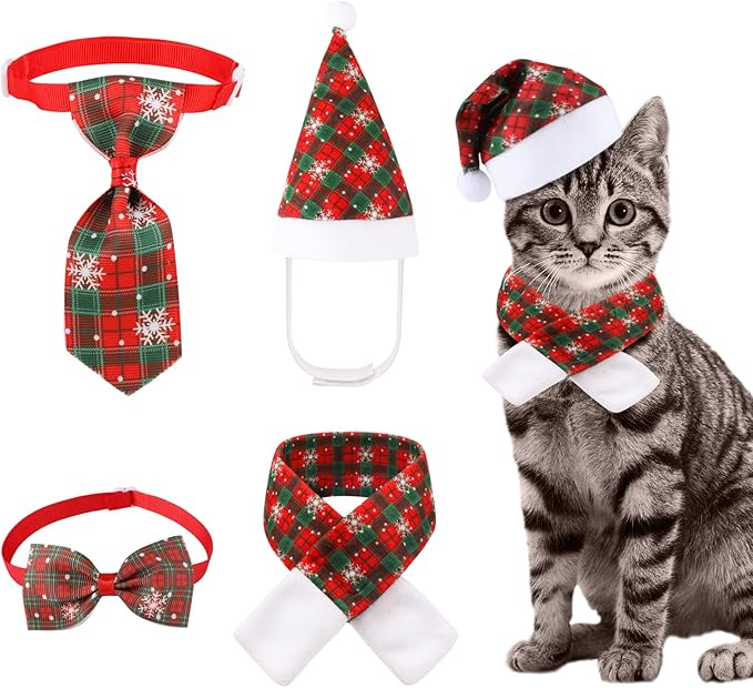 Christmas Dog Cat Santa Hat with Scarf and Adjustable Bow Tie Collar and Pet Necktie, Jupsk Essential Plaid Snowflake Xmas Costume Set for Small Dogs,Cats,Kitten,Puppies,Xmas Pet Outfit,Style A