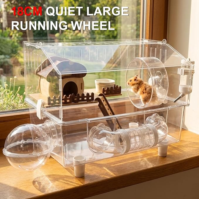 Loungewave Acrylic Hamster Cage, 8 in 1 Gerbil Cage with Accessories, Dwarf Hamster Cage with Full Transparent Viewing, Clear View Inside Easy to Clean, Excellent Ventilation, Mushroom House Style