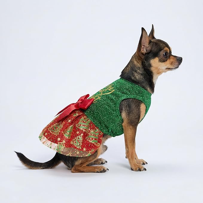 Fitwarm Furry and Bright Dog Christmas Outfit, Sparkly Pet Holiday Tulle Dress, Winter Clothes for Small Dogs - Girl, Christmas Tree Outfit - Red, Green, Golden, Medium