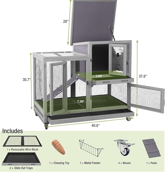 GUTINNEEN 40.6"L 2-Story Rabbit Hutch Indoor & Outdoor Guinea Pig Cage, Wooden Bunny House with Wire Mesh Floor, Leakproof Pull-Out Tray & Heavy-Duty Wheels, Small Animal Enclosure for Patio Backyard