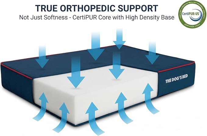 The Dog’s Bed Orthopedic Memory Foam Dog Bed for Small Dogs, Waterproof Washable Cover, Anti-Slip Base, Calming Surface – CertiPUR-Certified Foam, Blue with Red Trim, 4 Inch Thick