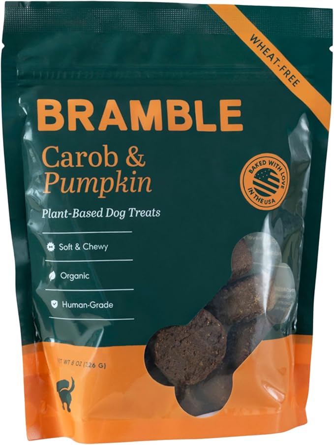 BRAMBLE Organic Dog Treats. Everyday Carob & Pumpkin Human Grade, Made with Real Ingredients, Soft & Chewy Dog Cookies. Wheat-Free Plant-Based. 8 oz
