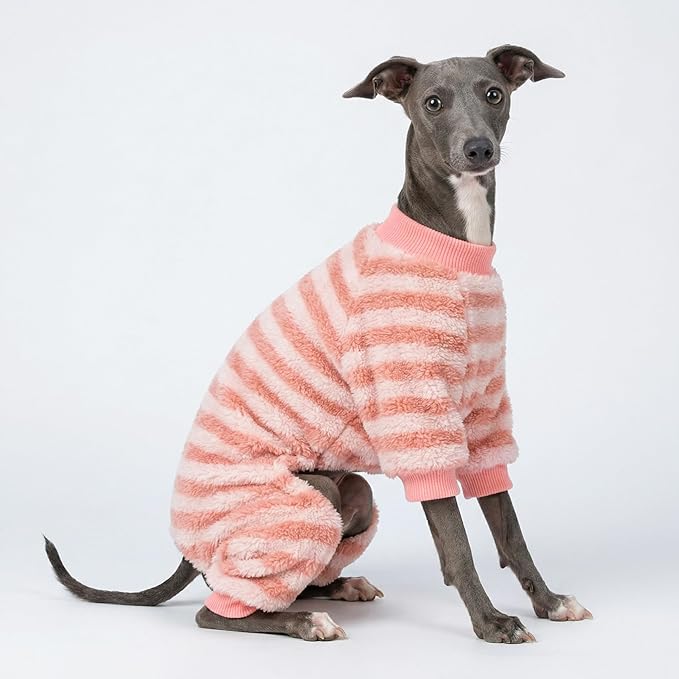 Fitwarm Fuzzy Fleece Stirped Dog Pajamas, Dog Winter Clothes for Small Dogs Girl, Cozy Dog Onesie, Pet Jumpsuit, Doggy Apparel, Pink, White, Large