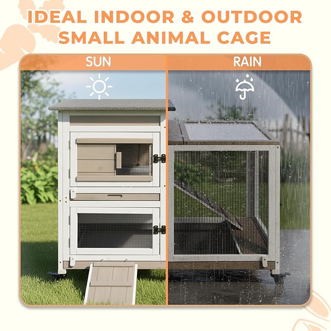 Rabbit Hutch Indoor Outdoor, 2-Story Bunny Cage Bunny Hutch Rabbit Cage with 2 Removable Trays, Metal Wheels, and UV Panel, Guinea Pig Pet House Hamster Cage