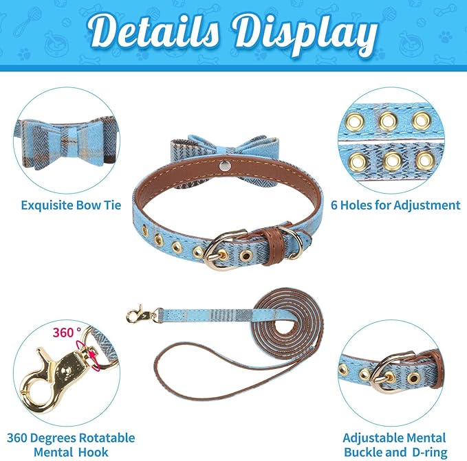 BINGPET Puppy Collar and Leash Set for Small Dogs, Plaid Bowtie Dog Collars Bandana for Boy Girl Dogs, Cute Adjustable Collar and Leash Set with Bow for Dog Cat Outdoor Walking, Blue S (No Bell)