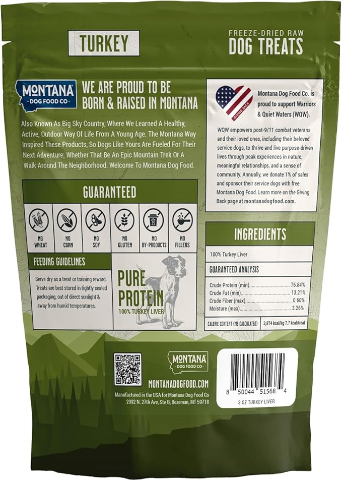 MONTANA DOG FOOD CO. Freeze-Dried Turkey Liver Dog Treats – 100% Natural Freeze Dried Dog Treats, Single Ingredient, High Protein, Grain-Free, Made in USA – 3 oz Bag