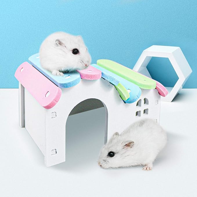 Dwarf Hamsters House DIY Wooden Gerbil Hideout Rainbow Bridge Swing and Pvc Seesaw, Suitable for Small Animal Habitat, style-1