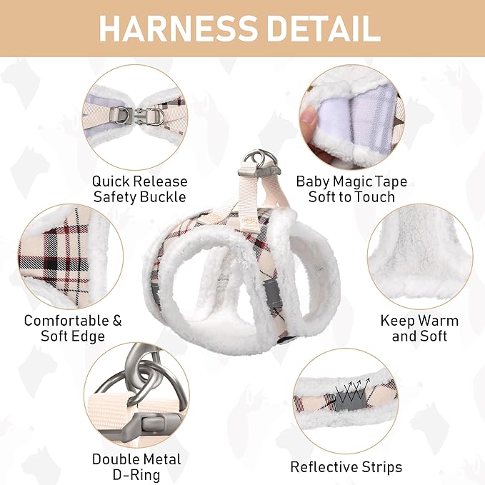 GAMUDA Small Dog Harness Collar and Leash Set, Step in No Chock No Pull Soft Mesh Adjustable Dog Vest Harnesses Plaid Reflective for Dogs Puppy Cats Kitten Rabbit (Warm Beige, XS)