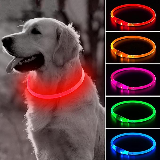 BSEEN Light Up Dog Collar - Type-C Rechargeable LED Dog Collar - 360° Glow in the Dark Pet Collar for Small Medium Large Dogs, TPU Cuttable Puppy Collar Safety Dog Lights for Night Walking (Red 70cm)