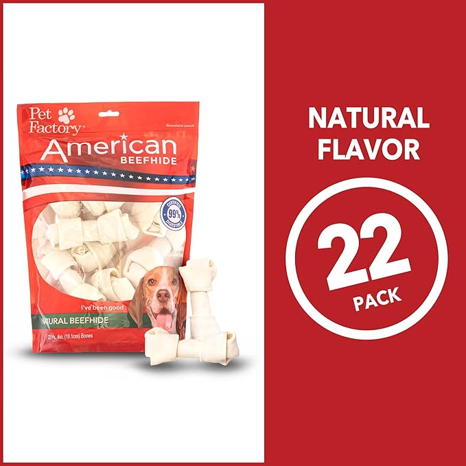 Pet Factory American Beefhide 4-5" Knotted Bones Dog Chew Treats - Natural Flavor, 22 Count/1 Pack