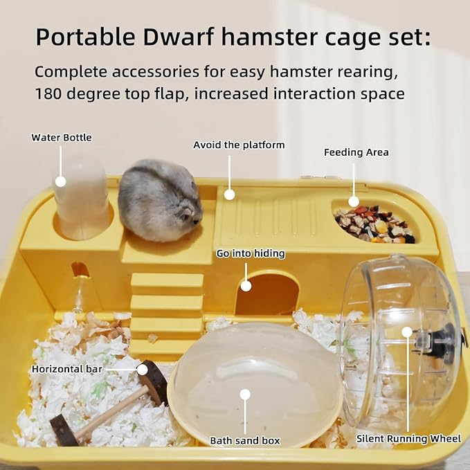 Hamiledyi Dwarf Hamster Cage Clear Plastic Small Hamster Cage Portable Carrier with Water Bottle Exercise Wheel Bathtub Box Set Toy for Dwarf Baby Hamster (Yellow)
