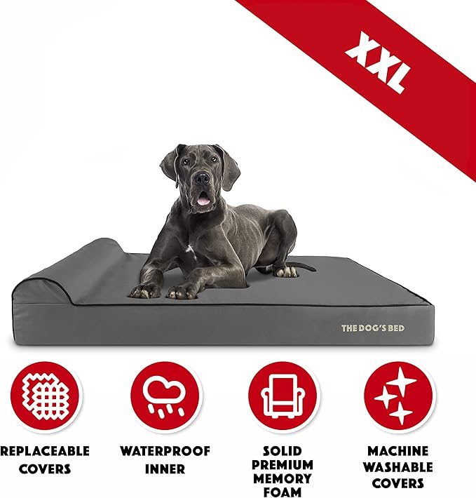The Dog’s Bed Orthopedic Memory Foam Dog Bed with Headrest, Calming Surface – CertiPUR-Certified Foam, Oxford Fabric, Grey with Black Trim, XXL, 6-Inch