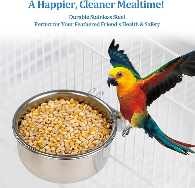 2 Pack Stainless Steel Bird Food Bowl Small Bird Feeding Dish Cups for Cage Parrot Food Bowl Cage with Clamp Holder for Parrots, Cockatiels, Small Animals (M+L)