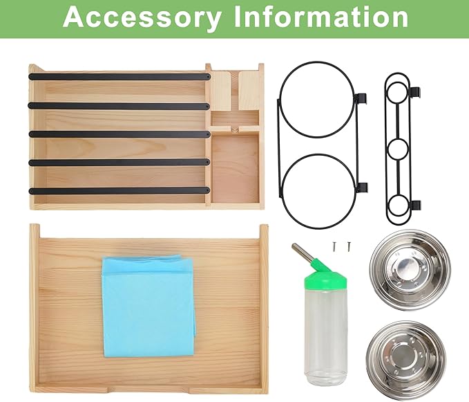 Rabbit Hay Feeder, 4 in 1 Wood Guinea Pig Hay Feeder Bunny Hay Holder with Litter Box 500ml Water Bottle 2 Food Bowl Small Animals Stuff for Cages for Chinchillas Hamster Dwarf Rabbit Ferrets