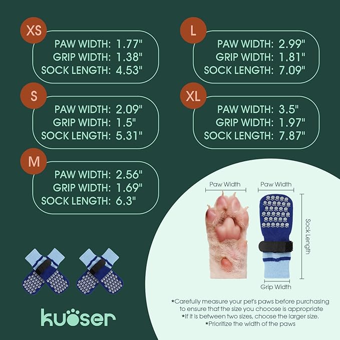 Kuoser Dog Socks, Non-Slip Dog Grip Sock for Hardwood Floors, No Twist Dog Boots & Paw Protectors 4 Pcs Anti-Scratch Hot Pavement Winter Snow Socks for Small Medium Large Senior Dogs, Blue L