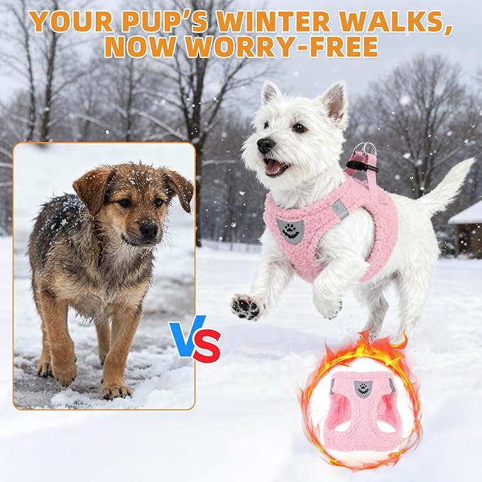 KOOLTAIL Plush Small Dog Harness and Leash Set, Warm Fleece No Pull Puppy Vest for Winter, Lightweight Reflective Step in Pet Harness for Medium Sized Dogs Boy Girl Outdoor Walking Cute Soft, Pink S