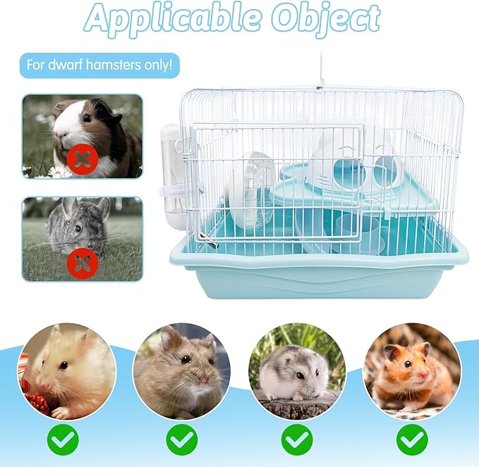 PINVNBY Dwarf Hamster Cage, Small Animal Cages, 2-Tier Travel Portable Mouse Cage Hamster Carrier with Castle House Running Exercise Wheels, Water Bottle and Food Dish（Blue）