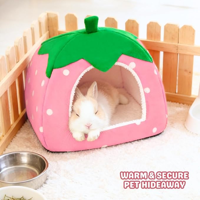Rabbit Hideout, Washable Bunny Bed with Removable Pee Pad, Plush Indoor Rabbit House, Adorable Strawberry Design Small Animal Hideaway for Guinea Pig, Pink