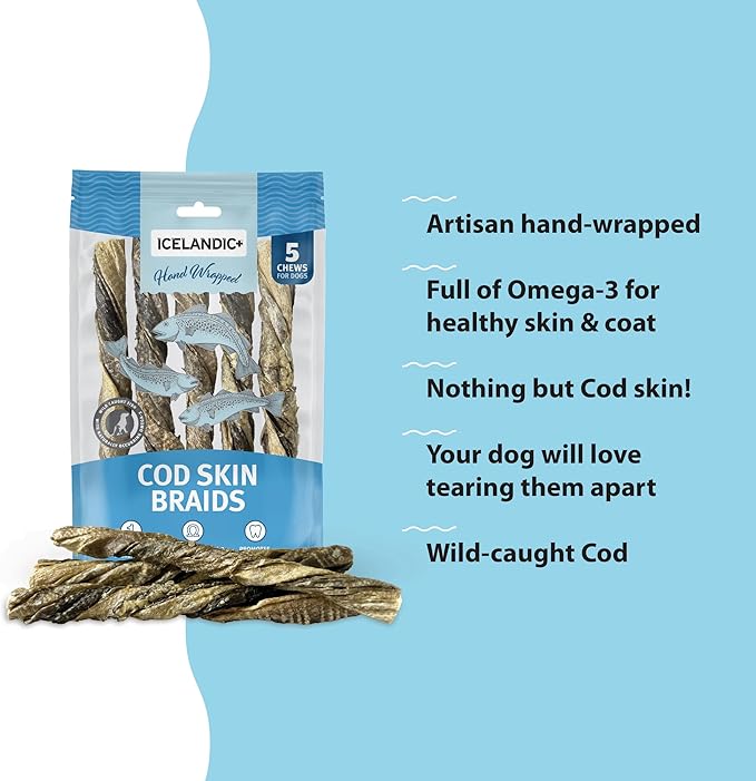 Icelandic+ Cod Skin Braids - 5 Pack - Dog Treat Chews, 5.5-7" Sticks, Single Ingredient, Air-Dried, Hand-Wrapped Wild-Caught Fish, Omega-3 Pet Snack