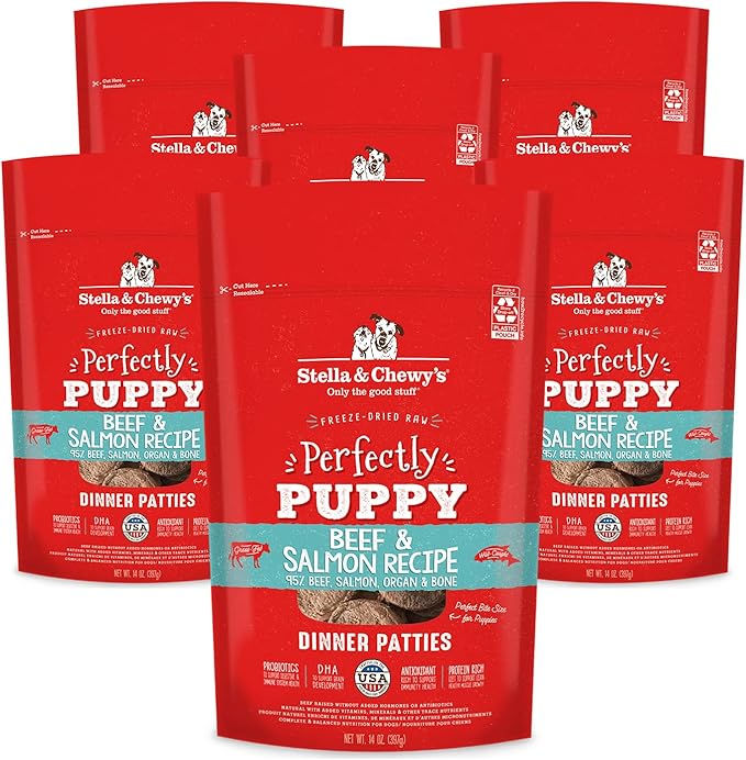 Stella & Chewy's Perfectly Puppy Freeze-Dried Raw Beef and Salmon Dinner Patties Dog Food, 14 oz. Bag (Pack of 6)