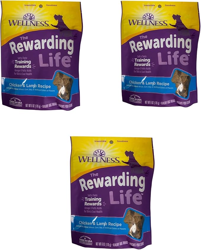 Wellness 3 Pack of Soft Wellbites Grain-Free Dog Treats, 6 Ounces Each, Chicken & Lamb Recipe