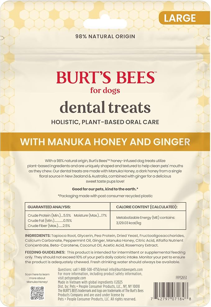 BURT'S BEES FOR PETS Dental Treats for Dogs with Manuka Honey & Ginger, Holistic, Plant-Based Oral Care, 98% Natural Origin Formulas, Peppermint Flavor, Dog Treats Small Dogs, Sz Md/Lg 10ct, 7.7 oz
