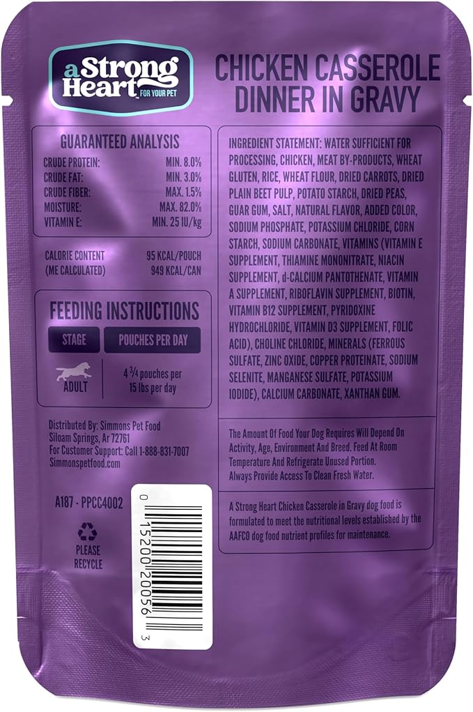 A Strong Heart Wet Dog Food Pouches, Chicken Casserole Dinner in Gravy, 3.5 oz Pouches (Pack of 24), Made in The USA with Real Chicken